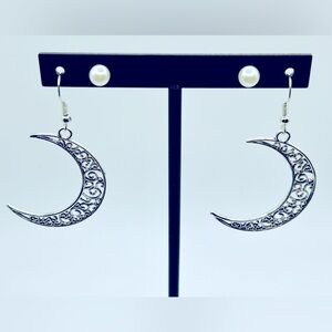 Large filigree Boho crescent moon earrings